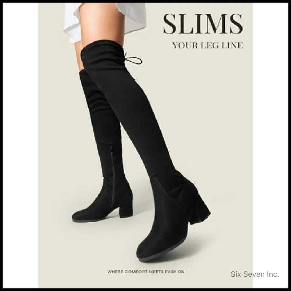 Chunky Heel Over The Knee Boots Stretch Sexy Fall Y2K Retro Elegant